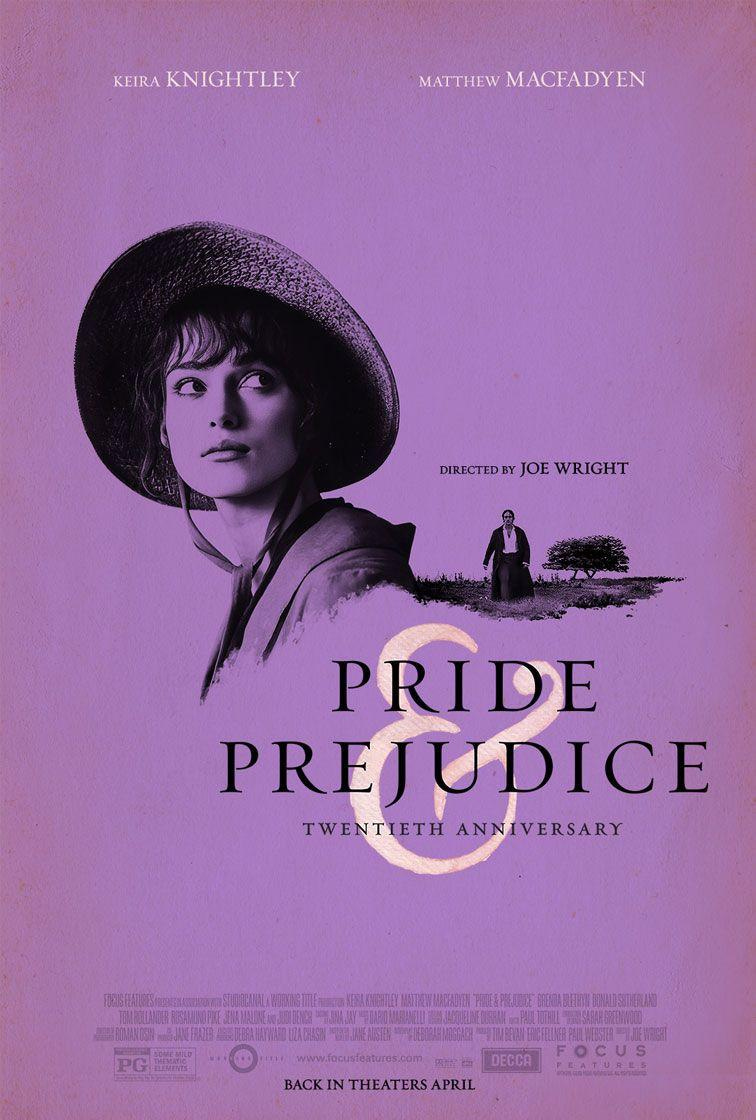 20th anniversary poster for Pride and Prejudice (2005). A lavender minimalist poster with grayscale images of Lizzy (Keira Knightley) looking over her shoulder at Mr. Darcy (Matthew Macfadyen) as he walks through a field in his overcoat.