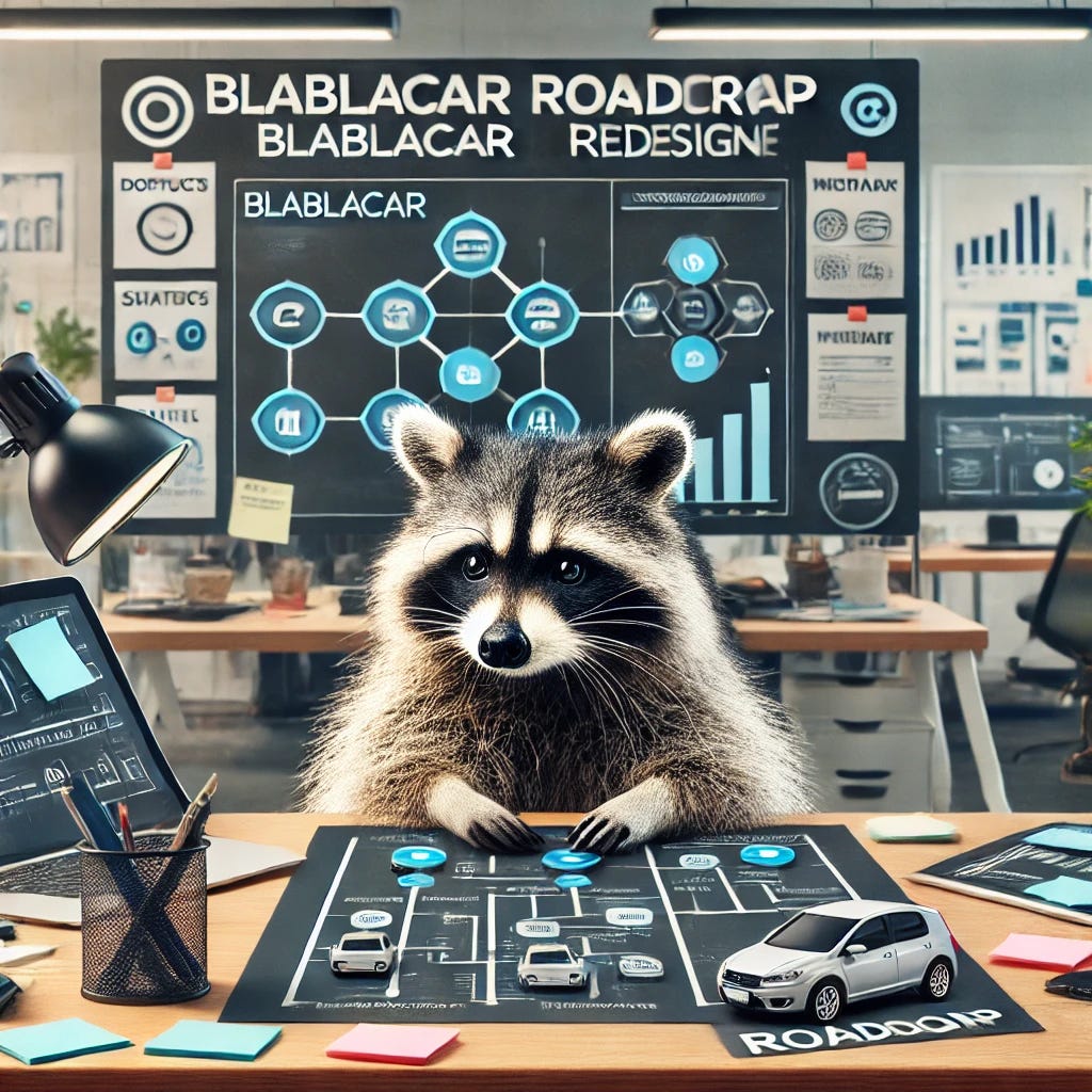 An organized workspace with a raccoon studying a roadmap for a tech product, representing BlaBlaCar's roadmap redesign. The raccoon is focused, with various documents, a tablet, and sticky notes scattered on the table. The background includes office elements like whiteboards and monitors. The scene feels structured and analytical, with a corporate atmosphere. The raccoon wears glasses and looks intent on planning, emphasizing strategic product development.