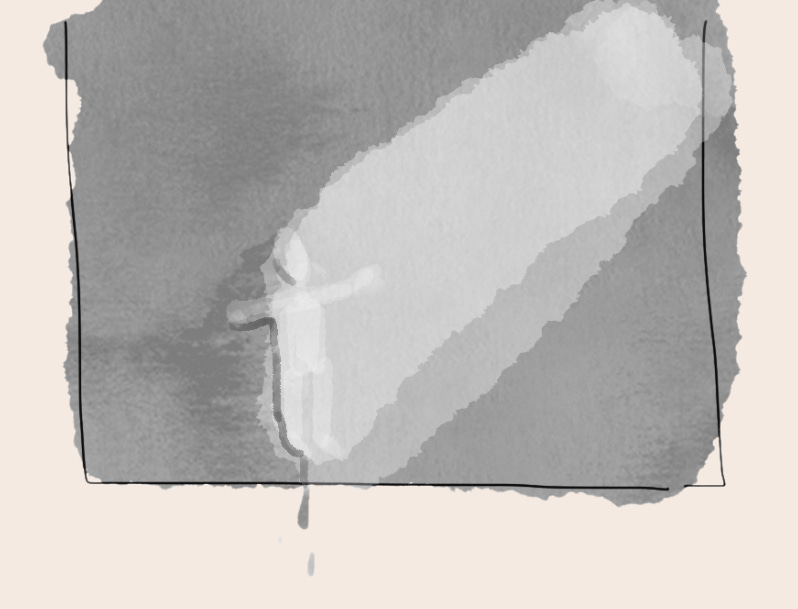 A digital artwork depicting a human figure standing in a darkened space, illuminated by light that shines from the top right of the picture down on the figure. The figure lifts their hands up to receive the light, and the darkness on him seems to "melt" and drip downwards, past the frame of the picture.