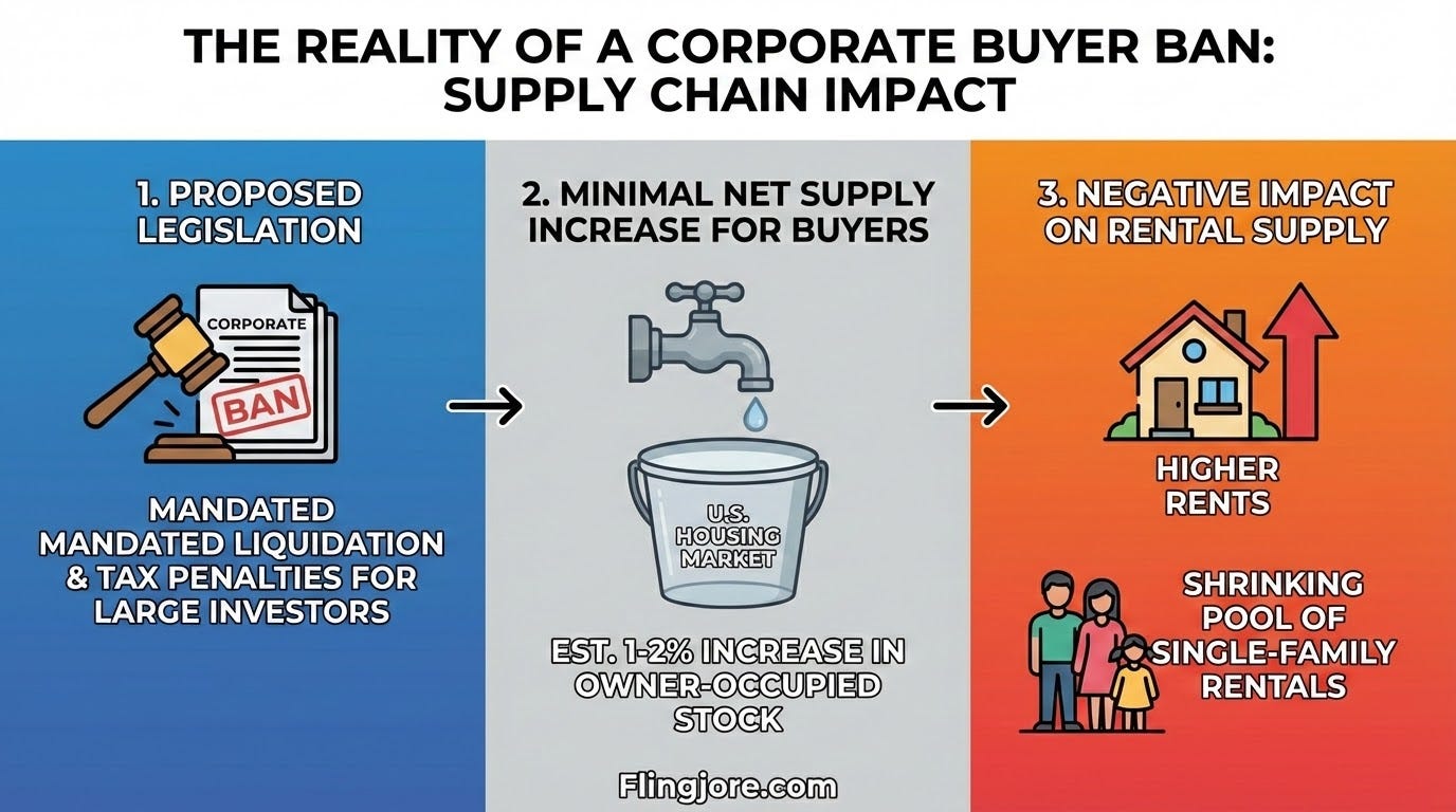 Vertical infographic breaking down the minimal net housing supply increase from proposed Wall Street corporate buyer bans. Graphic by Flingjore.com.
