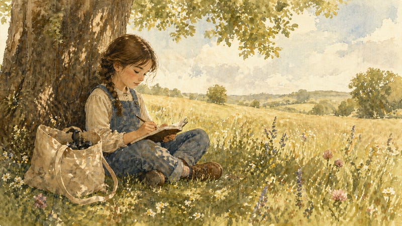 Young introvert writing in a journal, finding calm in a peaceful field.