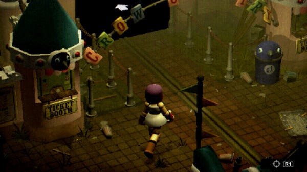 A purple-haired woman walks through an abandoned theme park. A sign reads "Crow Country." Everything is in blocky Playstation 1 graphics. A purple-haired woman walks through an abandoned theme park. A sign reads "Crow Country." Everything is in blocky Playstation 1 graphics.