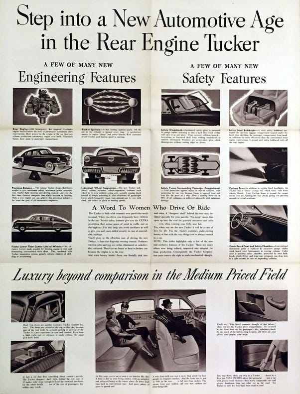 La imagen es un anuncio vintage del automóvil Tucker, que muestra varias características y elementos de diseño del coche. El anuncio incluye múltiples fotos en blanco y negro del exterior, interior y partes mecánicas del coche con leyendas que destacan sus nuevas características. El texto en la parte superior dice “Step into the New Automotive Age with a Tucker”, sugiriendo innovación y avance en el diseño de automóviles. La imagen es un anuncio vintage del automóvil Tucker, que muestra varias características y elementos de diseño del coche. El anuncio incluye múltiples fotos en blanco y negro del exterior, interior y partes mecánicas del coche con leyendas que destacan sus nuevas características. El texto en la parte superior dice “Step into the New Automotive Age with a Tucker”, sugiriendo innovación y avance en el diseño de automóviles.