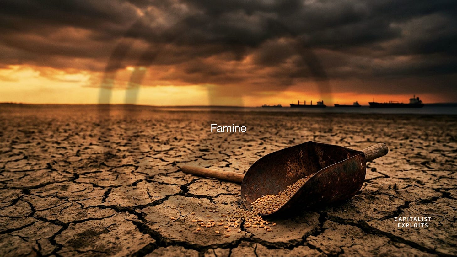Wooden scoop spilling grain on cracked drought-stricken earth under stormy sky depicting famine