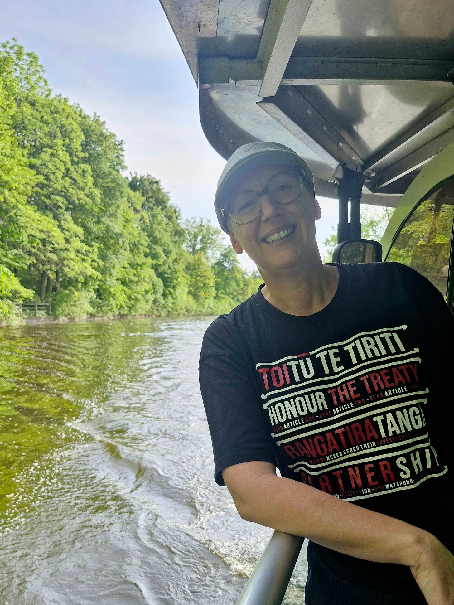 me in an 'honour the treaty' t shirt, taking a touristy photo while on board the canal cruise me in an 'honour the treaty' t shirt, taking a touristy photo while on board the canal cruise