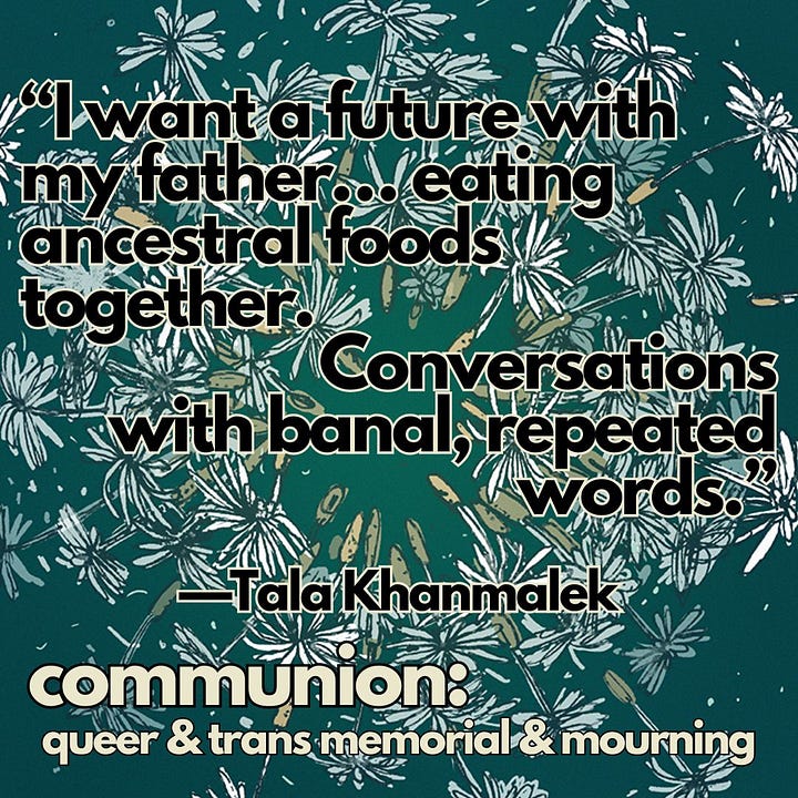 One line from each QTC3 story, printed over top each of the 4 QTC illustrations by J. Marshall Smith. Over the chair: “I snuck in behind you.” —Teddy Max Pozo. Over the dandelion: “I want a future with my father… eating ancestral foods together. Conversations with banal, repeated words.” —Tala Khanmalek. Over the landscape: “This folding screen—a silent witness to her immigrant survival in the broken heart of an American empire.” —Anthony Yooshin Kim. Over the lightburst: “I wanted to feed my spirit something new.” —ai onubogu