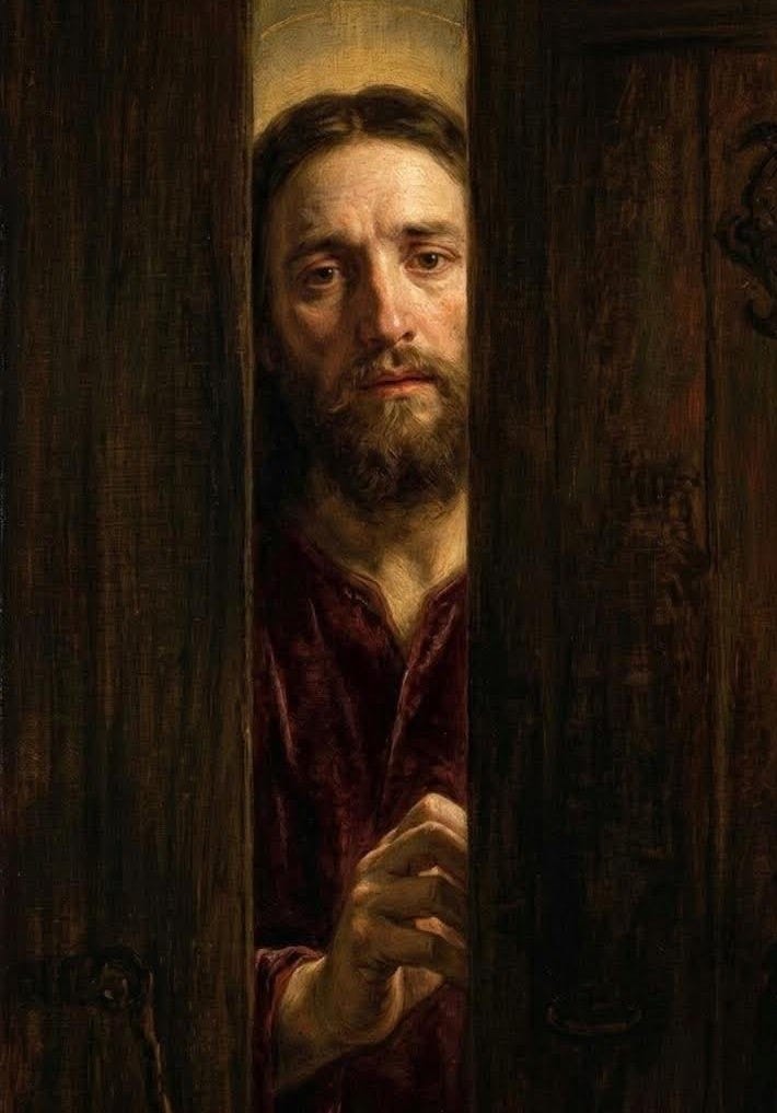This may contain: a painting of a man looking through a door This may contain: a painting of a man looking through a door
