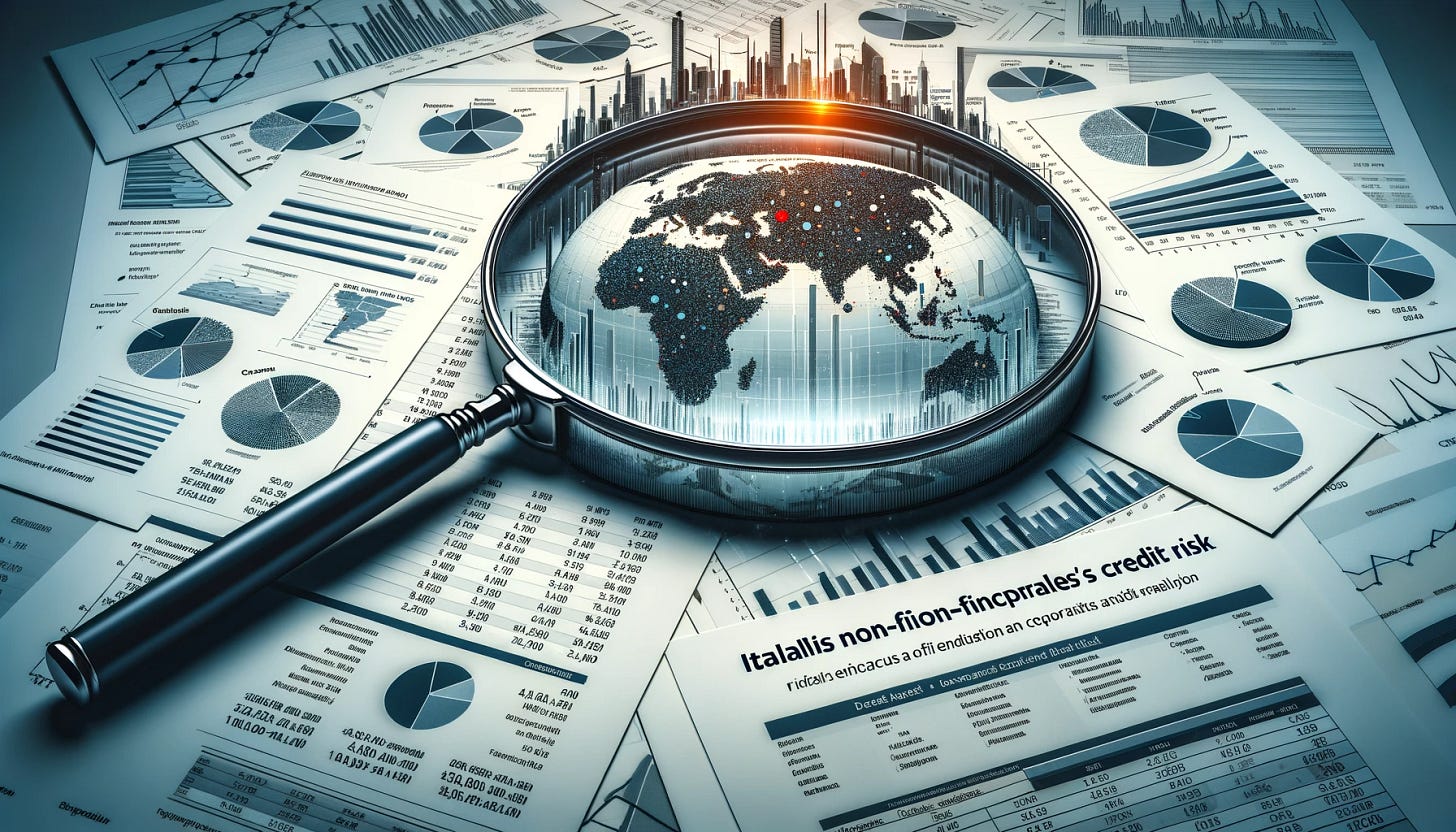 An image focused on visualizing the analysis of Italian non-financial corporates’ credit risk without any embedded text. Illustrate a magnifying glass over a stack of reports and charts, hinting at detailed analysis, against a backdrop that subtly includes the outline of Italy to indicate the geographical focus. Feature visual elements like graphs, a portfolio, and symbolic representations of the 14,000 entities analyzed, all blending to convey research on default risk and financial estimations. The visual should evoke a sense of a comprehensive knowledge hub for credit risk evaluation, aiding financial market participation without relying on textual information.