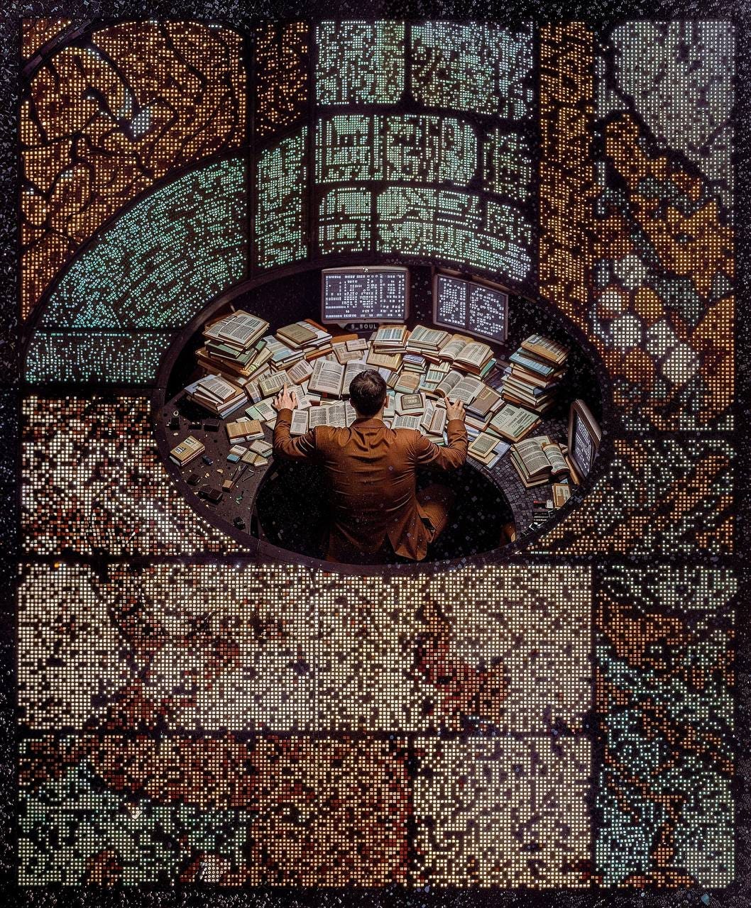 A person sits at a circular desk cluttered with open books and papers, surrounded by a semicircle of vintage-style computer monitors displaying complex code or data. The scene is viewed from above, with the entire setup enclosed in a large, ornate, mosaic-like wall made of glowing colored dots and intricate patterns. The environment blends analog and digital aesthetics, suggesting an intense focus on information analysis or archival research in a futuristic or retro-futuristic setting.