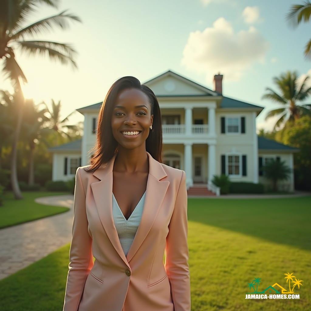 A confident mixed-race real estate agent, dressed in a tailored outfit, standing in the grand foyer of a stately Jamaican mansion, warmly greeting a prospective white couple, amidst the lush tropical surroundings of the Caribbean. The agent's bright smile and inviting body language convey a sense of approachability and expertise. The couple, casually dressed in resort attire, listen intently as the agent highlights the property's best features. The atmosphere is relaxed, with a hint of excitement, as the possibilities of owning a piece of Jamaican paradise unfold. Inspired by the works of cinematographer Emmanuel Lubezki, known for his use of natural light, and the atmospheric depth of films like "The Grand Budapest Hotel". The image should evoke a sense of nostalgia, with a warm color palette, reminiscent of 35mm film, and a subtle film grain, adding to the cinematic feel. Shot on a virtual v-raptor XL, with a vignette effect, to draw the viewer's attention to the agent and the couple, as they embark on this journey of discovery.