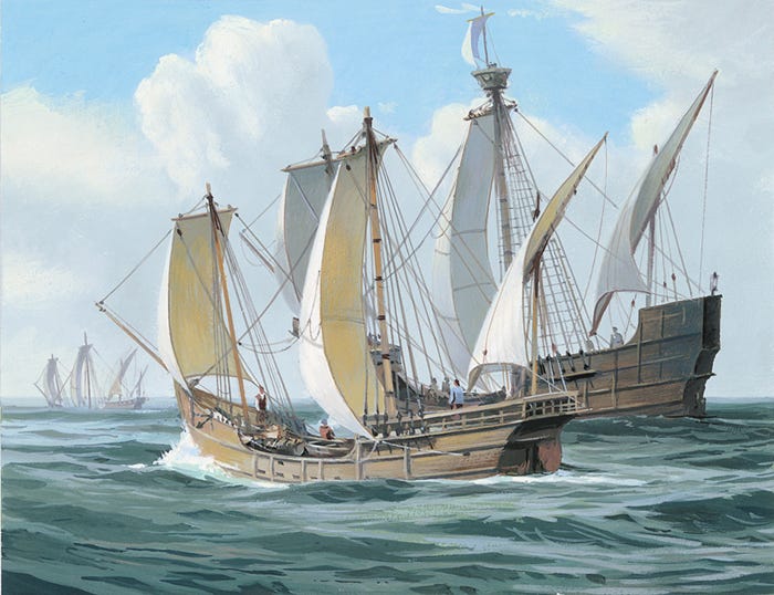 A large wooden sailing ship with tall masts and white sails travels on the ocean, with other ships in the background. A large wooden sailing ship with tall masts and white sails travels on the ocean, with other ships in the background.