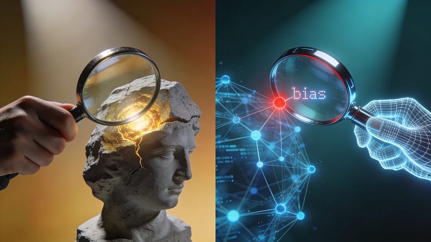 A split-screen composition features a hand with a magnifying glass on the left. It is placed over an unfinished stone sculpture. The glass reveals a glowing golden core within its cracks. On the right, a digital wireframe hand holds a magnifying glass over a blue node network. It highlights a single red node. The node is labelled ‘bias’ in small code font. The background transitions from warm amber on the left to cool teal on the right.