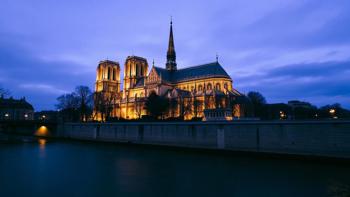 Notre-Dame cathedral in Paris illuminated at blue hour above the Seine Notre-Dame cathedral in Paris illuminated at blue hour above the Seine