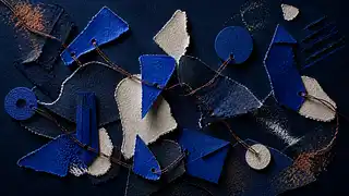 Blue and beige textured paper pieces connected by twine, with scattered powder.