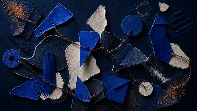 Blue and beige textured paper pieces connected by twine, with scattered powder.