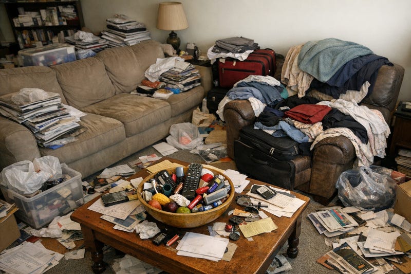 A messy living room with piles of stuff, bags, plastic boxes, and disarray. A messy living room with piles of stuff, bags, plastic boxes, and disarray.