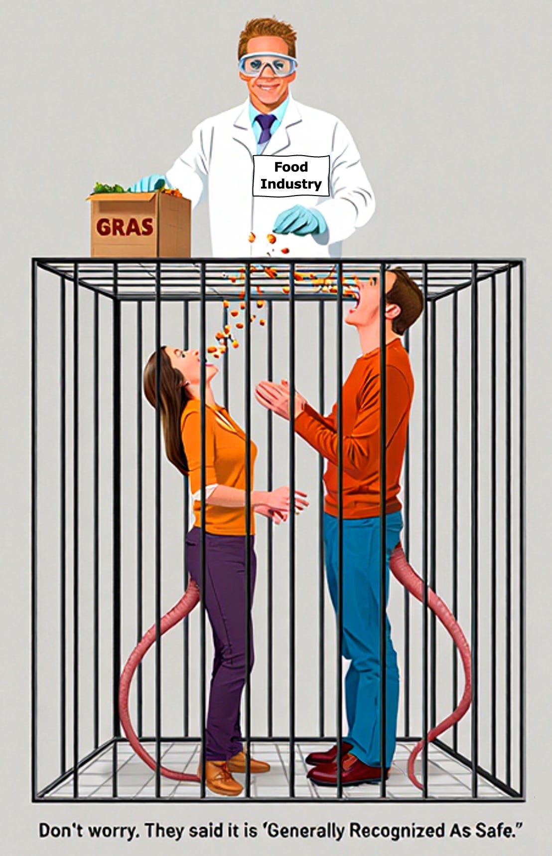 A Food Industry scientist feeding bits of GRAS food through the top of a cage into the open mouths of a woman and man with rat tails. The caption says "Don't worry. They said it is Generally Recognized As Safe."