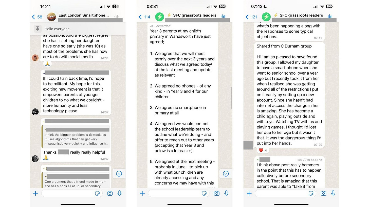 Image. From left: a parent shares his wish that he’d been stricter on the issue of smartphones; two weeks after we launched, the first set of parents on the group to make a parent pact describe how they did it; a parent shares how her child came back to her after she removed her smartphone