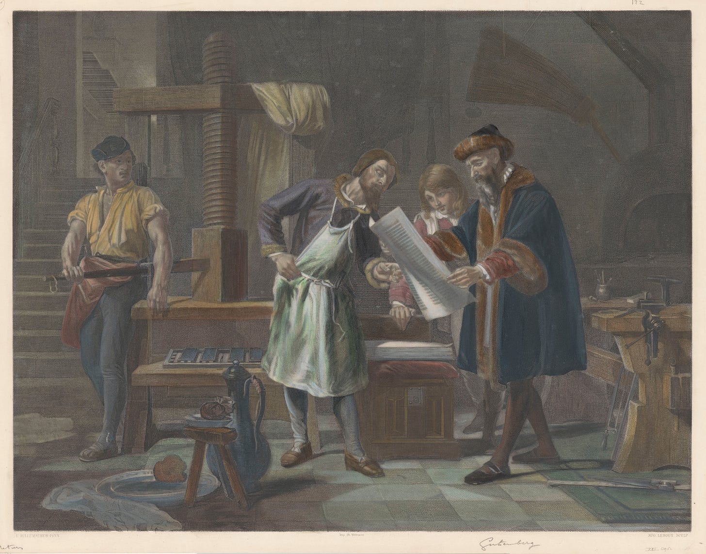 An 1863 engraving depicting the interior of Johannes Gutenberg's printing workshop, figures gathered around the press examining a freshly printed page — representing the moment a manuscript built for the ears of power found the machinery to travel beyond it. An 1863 engraving depicting the interior of Johannes Gutenberg's printing workshop, figures gathered around the press examining a freshly printed page — representing the moment a manuscript built for the ears of power found the machinery to travel beyond it.