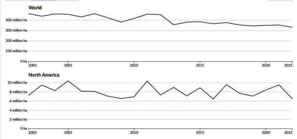 two charts showing that the burnt area for both global and the US is either flat or trending down since 2002. two charts showing that the burnt area for both global and the US is either flat or trending down since 2002.