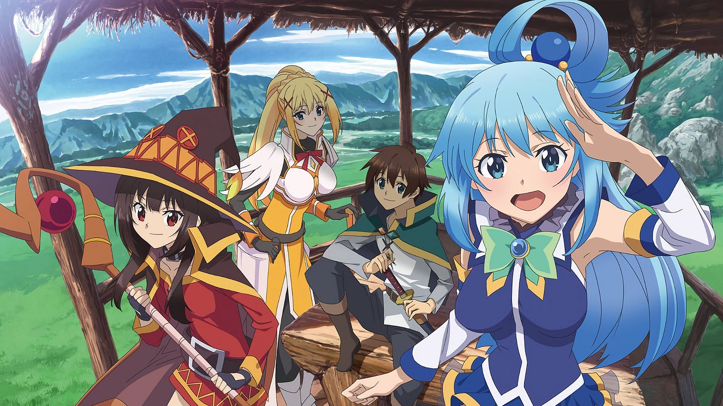 Screenshot of the main cast of Konosuba Screenshot of the main cast of Konosuba