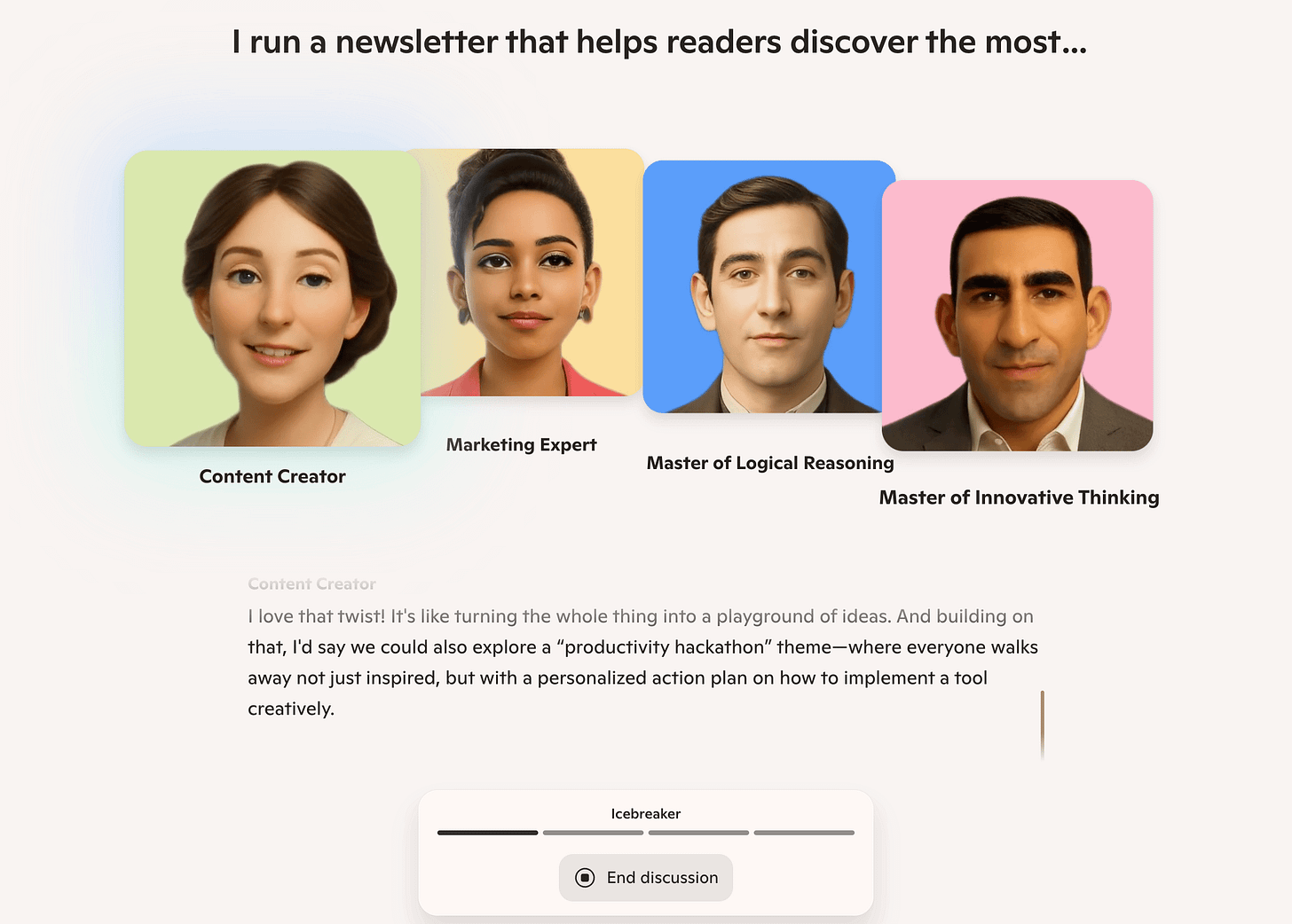 Screenshot of Microsoft Copilot’s Team of Advisors feature showing four AI personas responding to a newsletter-related prompt.