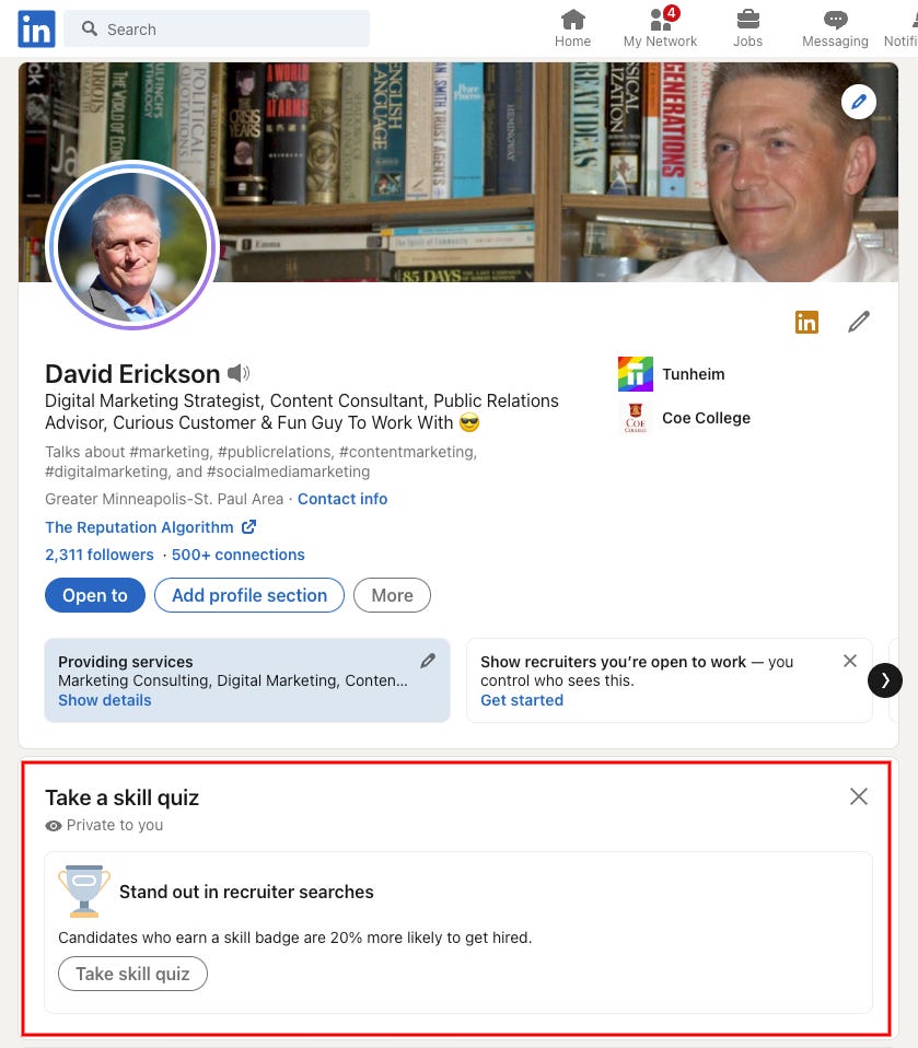 Screenshot of LinkedIn's professional expertise quiz prompt