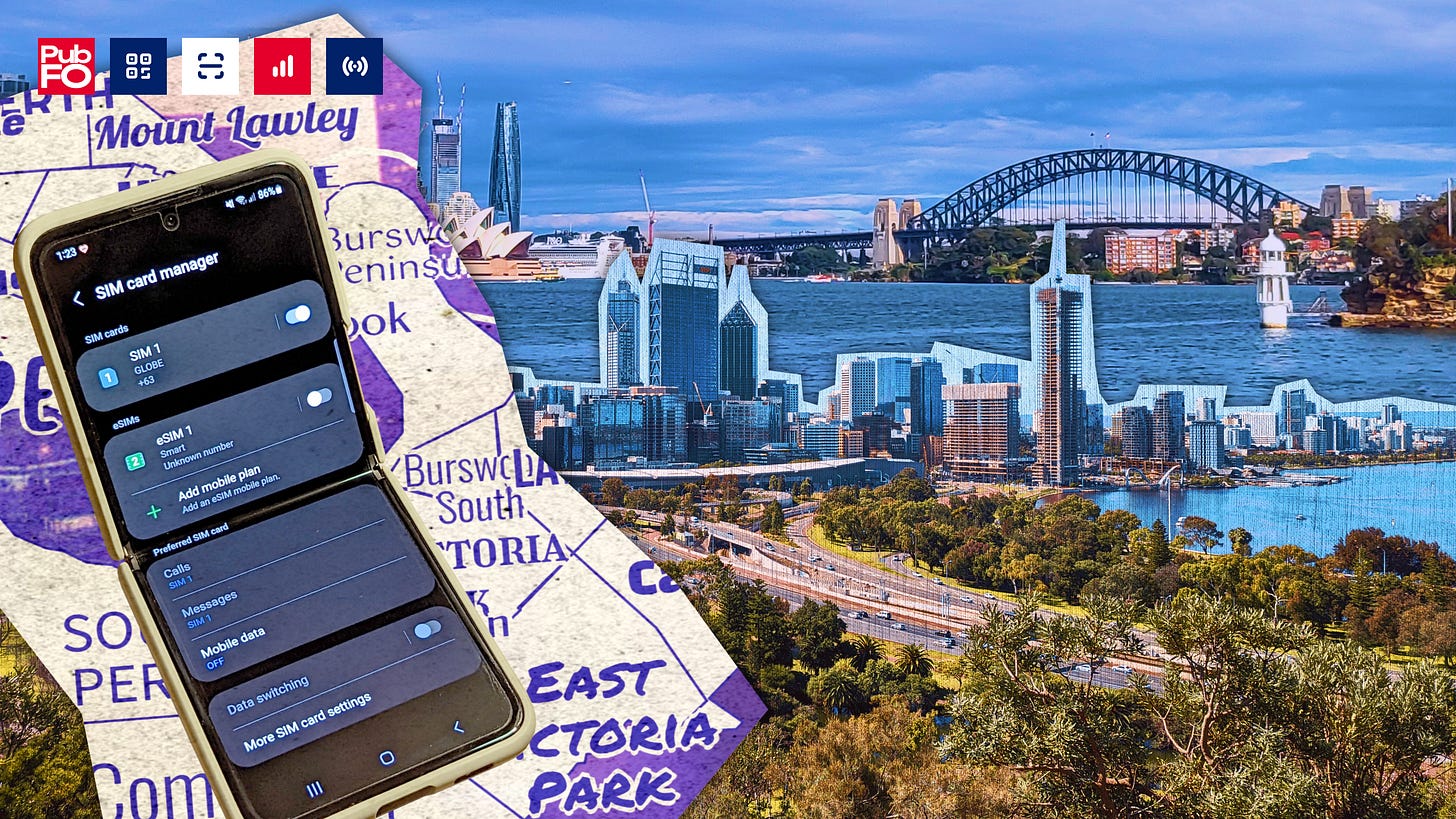 Article thumbnail: A phone with its SIM settings on, on top of a stylized map of Perth's districts. Behind those is a picture of Sydney Harbor at the top and Perth CBD at the bottom