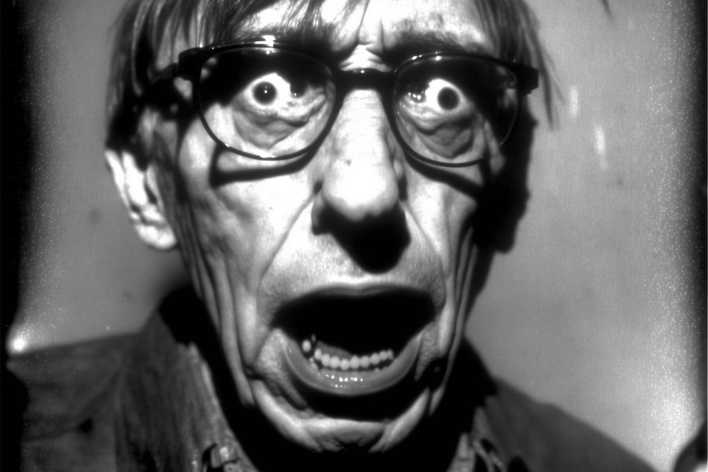 a terrifying photo taken after the chernobyl disaster of a horribly mutated stephen hawking. The image expresses emotions of fear, chaos, and terror. The image was taken on a cctv camera and is in black in white.
