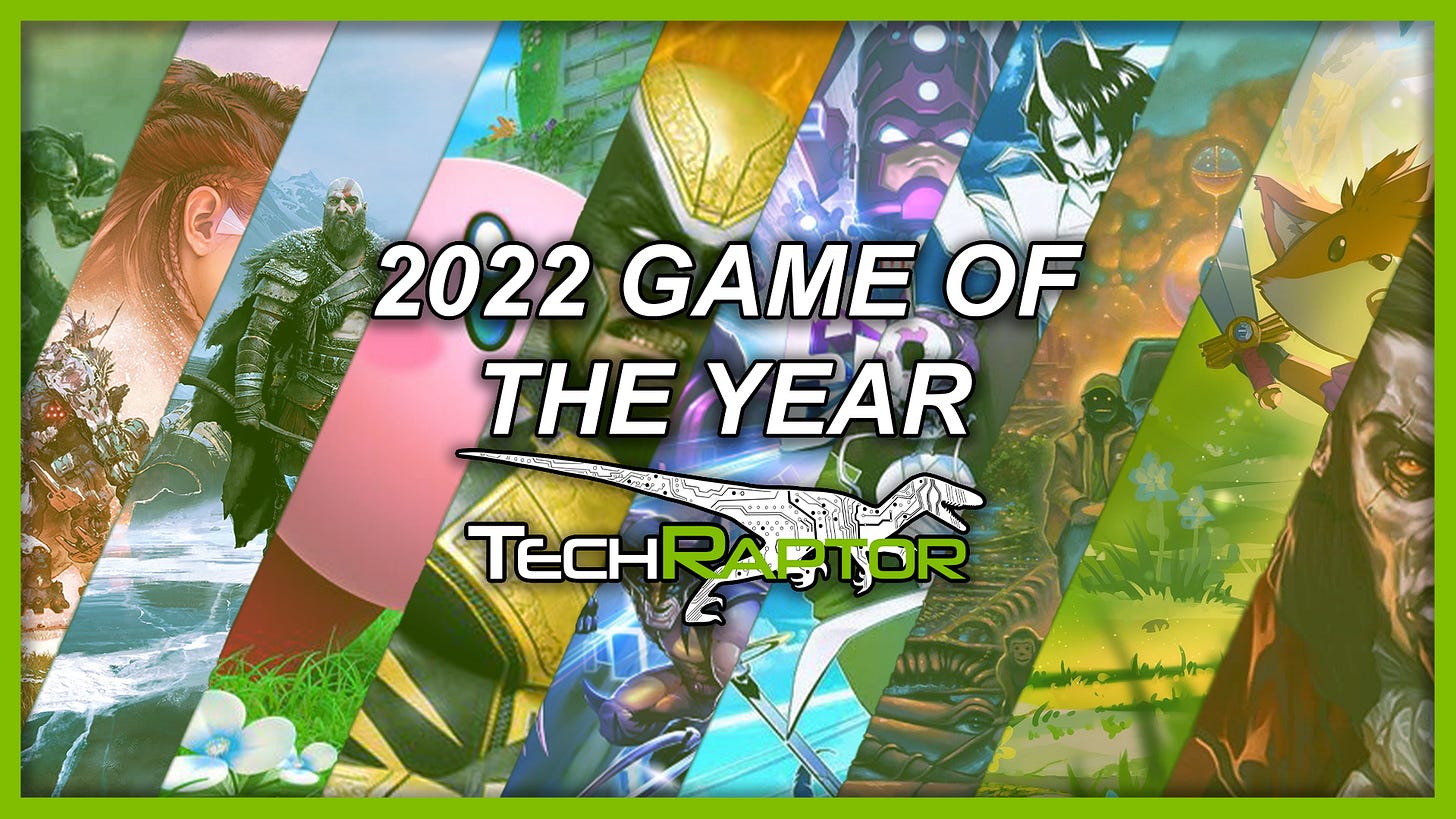 Photo highlighting TechRaptor's 10 games nominated for Game of the Year 2022: Elden Ring, Horizon Forbidden West, God of War Ragnarök, Kirby and the Forgotten Land, Marvel's Midnight Suns, Marvel Snap, Neon White, Norco, Tunic, and Vampire Survivors