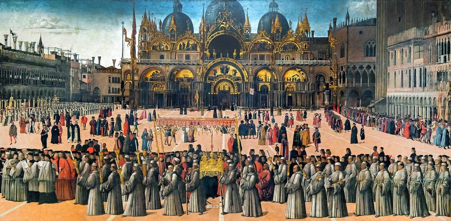 Gentile Bellini, Procession in St Mark’s Square, 1496, tempera on canvas, 347 x 770 cm (Gallerie dell’Accademia, Venice)