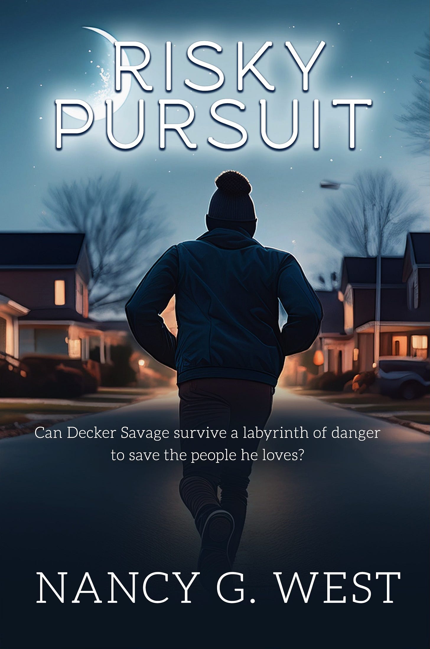 Cover for Risky Pursuit: The silhouette of a young man against a dark street.