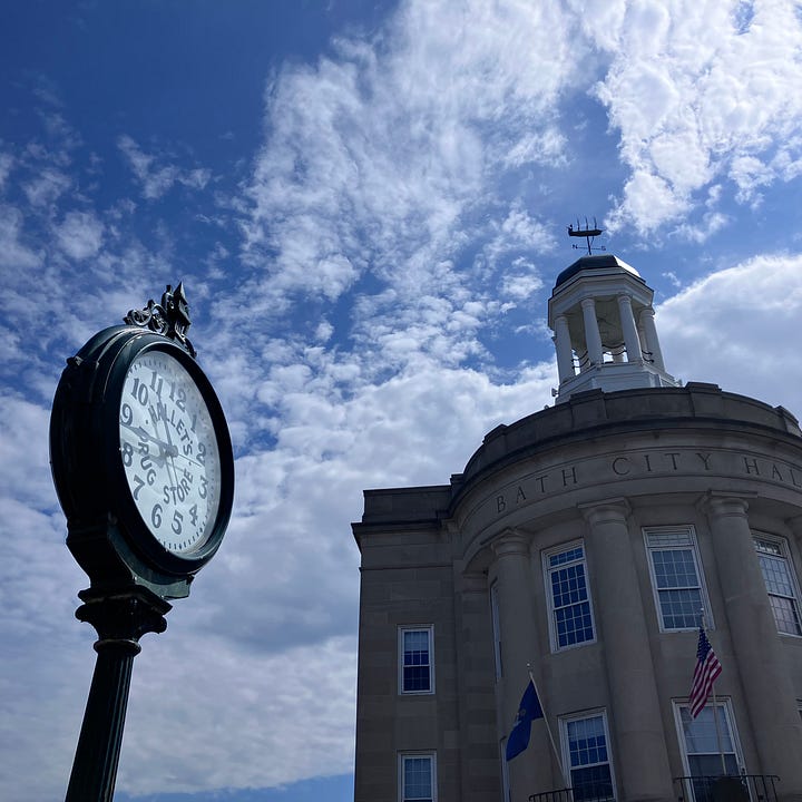 Bath Maine clock and city hall, poster of Eating Out Maine and Giant's Steps Trail
