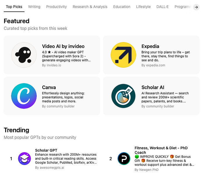 OpenAI GPT marketplace showcasing featured AI tools like Canva, Scholar AI, and trending community picks. OpenAI GPT marketplace showcasing featured AI tools like Canva, Scholar AI, and trending community picks.