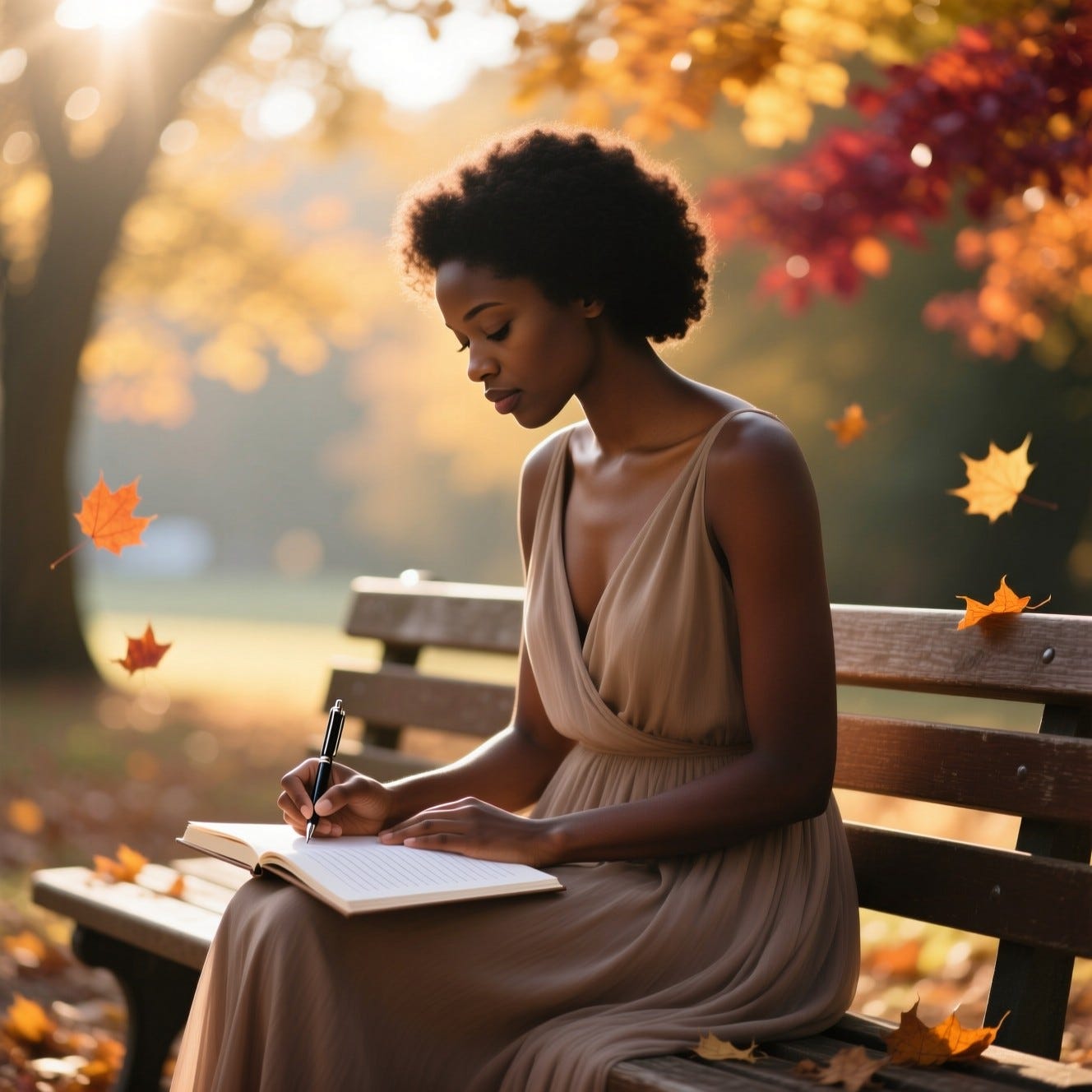 Black woman with in dressy, in a seated under warm morning sun, her hand poised over lined paper as she looks down while she is writing, background outside delicate fall details, soft bokeh in the background, 8k sharpness
