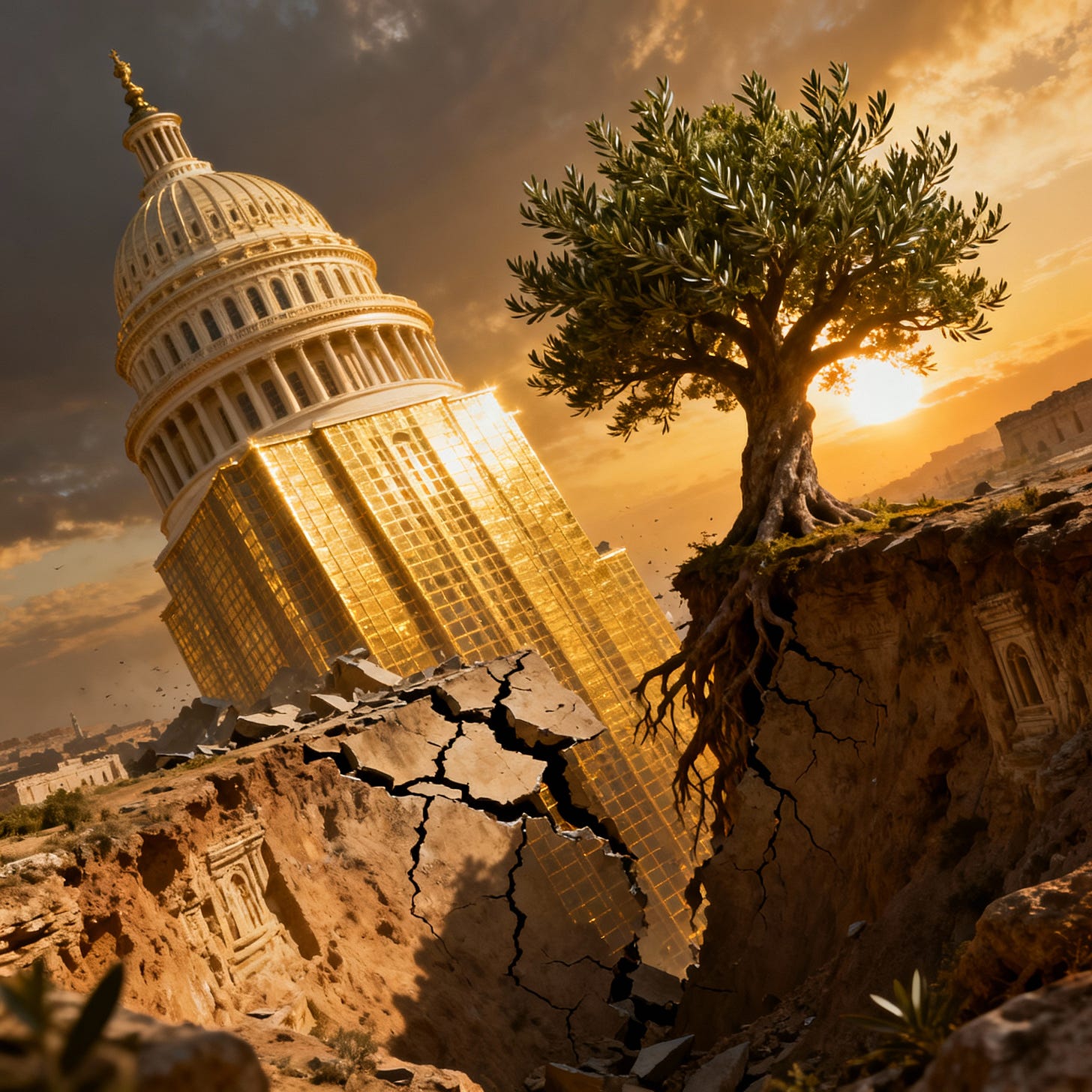 Epic scene of Capitol-shaped skyscraper crumbling with olive tree growing through cracks