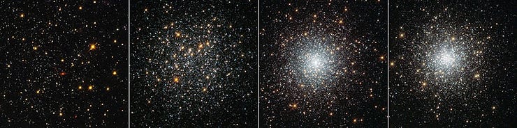 A series of four images showing different globular star clusters in various stages of density. From left to right: A relatively sparse cluster with bright yellow and red stars scattered against a dark background. A more densely packed cluster with a mix of bright stars, predominantly yellow and white. An even denser cluster with a bright, concentrated core of stars. The densest cluster, featuring a very bright and compact core with numerous stars radiating outward. Each image illustrates increasing star density and luminosity towards the center of the clusters. A series of four images showing different globular star clusters in various stages of density. From left to right: A relatively sparse cluster with bright yellow and red stars scattered against a dark background. A more densely packed cluster with a mix of bright stars, predominantly yellow and white. An even denser cluster with a bright, concentrated core of stars. The densest cluster, featuring a very bright and compact core with numerous stars radiating outward. Each image illustrates increasing star density and luminosity towards the center of the clusters.