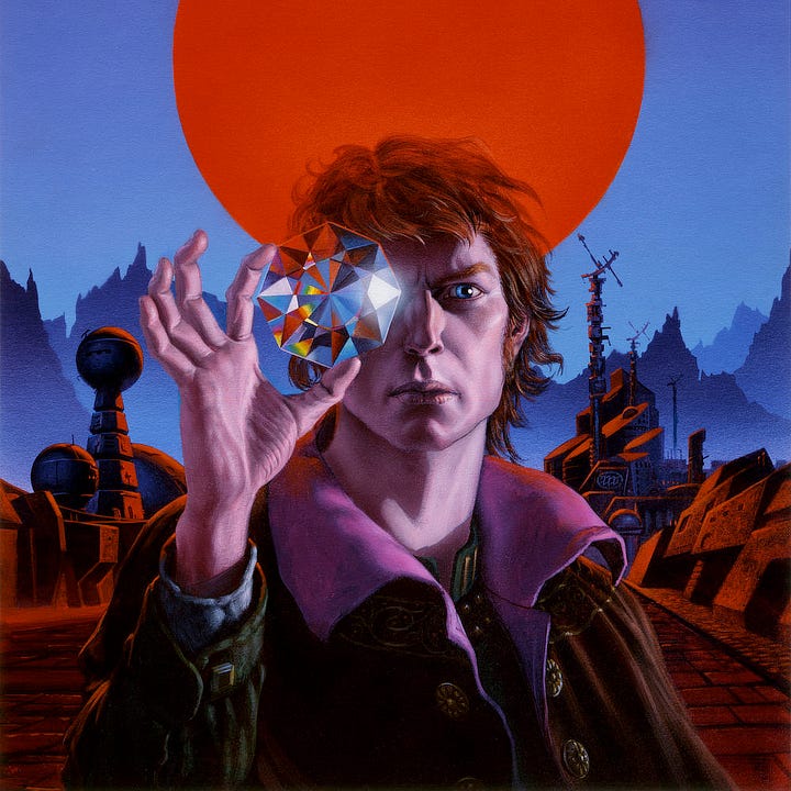 Details from THE BLOODY SUN (LEFT) and THE BLOODY SUN 2 (RIGHT). The features on the figure to the left are flatter and he’s posed head on, while the figure on the right has his shoulders turned slightly on an angle and is given more depth from the curl of his oversized pink collar on his black jacket to the position he holds the gem in front of one eye.
