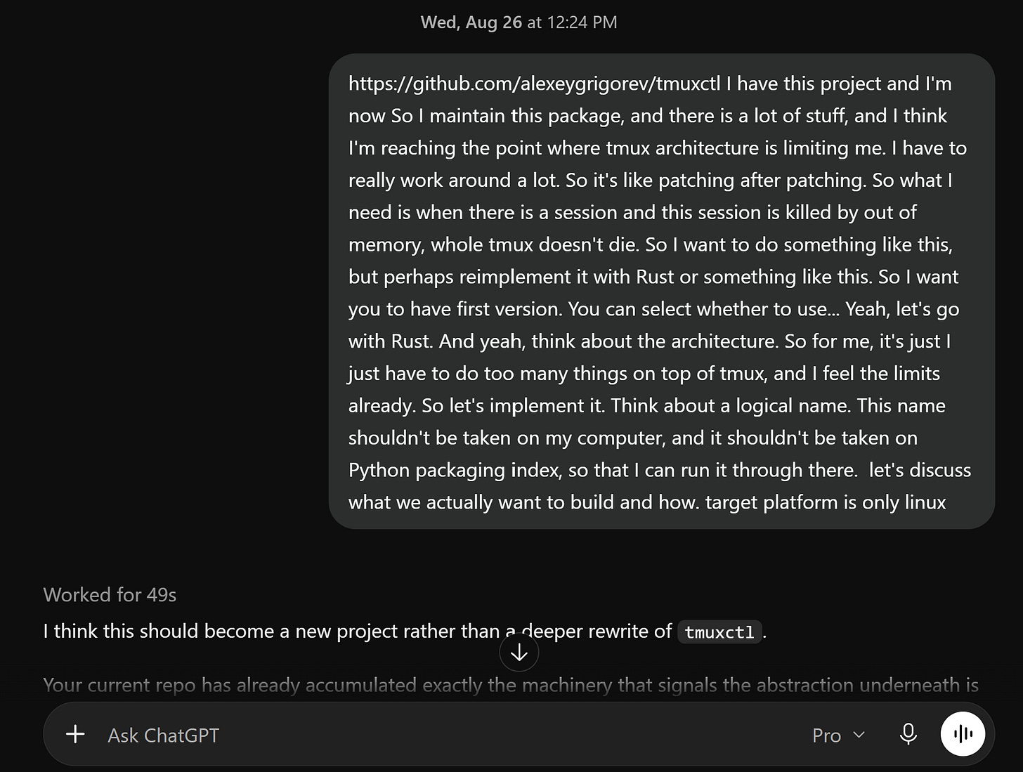 My dictated ChatGPT prompt asking for a Linux terminal multiplexer in Rust that keeps other sessions alive when one runs out of memory
