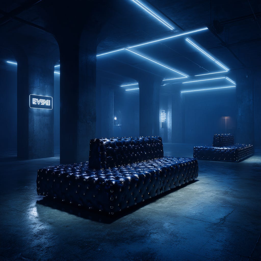 MJ Prompt: interior of a leather-forward queer dance club, black-and-white palette with chrome accents, mesh textures, silver stitching details, studs and spikes used like typographic punctuation, the room feels coded but welcoming, architectural confidence not loud, crisp geometric light strips, smoky haze, worn leather benches, glossy concrete floor, minimal neon signage with as only-symbols glyphs, cinematic documentary photography, high contrast, shallow depth of field, intimate atmosphere, “I’m here” as a visual signal