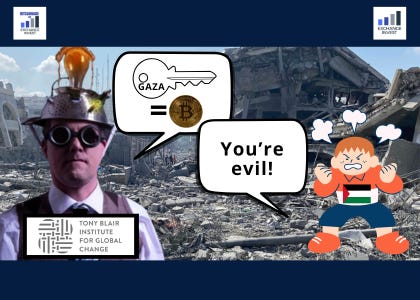 Tony Blair Institute with a light bulb helmet proposed selling Gaza for crypto. A palestine activist responded with “You’re evil!” The background is in Gaza.