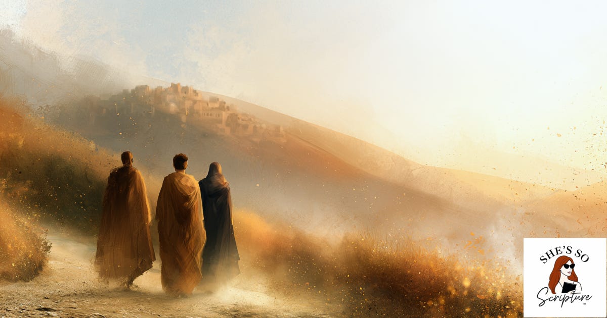 Watercolor illustration of three robed figures walking a dusty road through ancient hills at golden hour in plum and gold tones. Watercolor illustration of three robed figures walking a dusty road through ancient hills at golden hour in plum and gold tones.