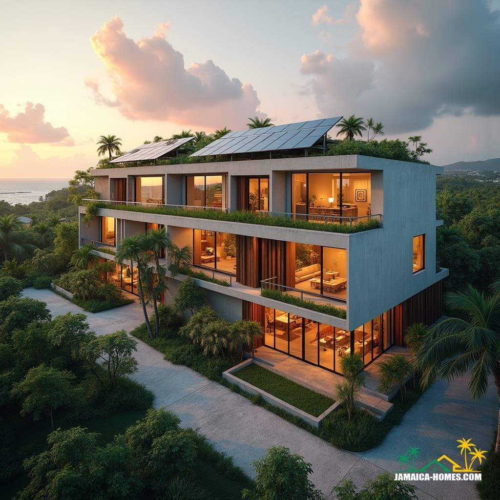 Futuristic co-living space in New Kingston, Jamaica, designed for young professionals. 