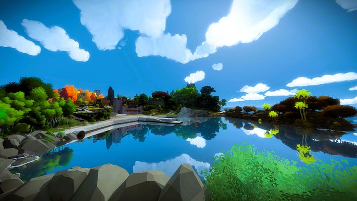 A screenshot from The Witness showing the reflection of the island creating a silhouette together with the island.;A screenshot from The Witness showing the bay location of the island; A screenshot from The Witness showing how shadows can play a role in solving the puzzle panel; A screenshot from The Witness showing how shadows can play a role in solving the puzzle panel