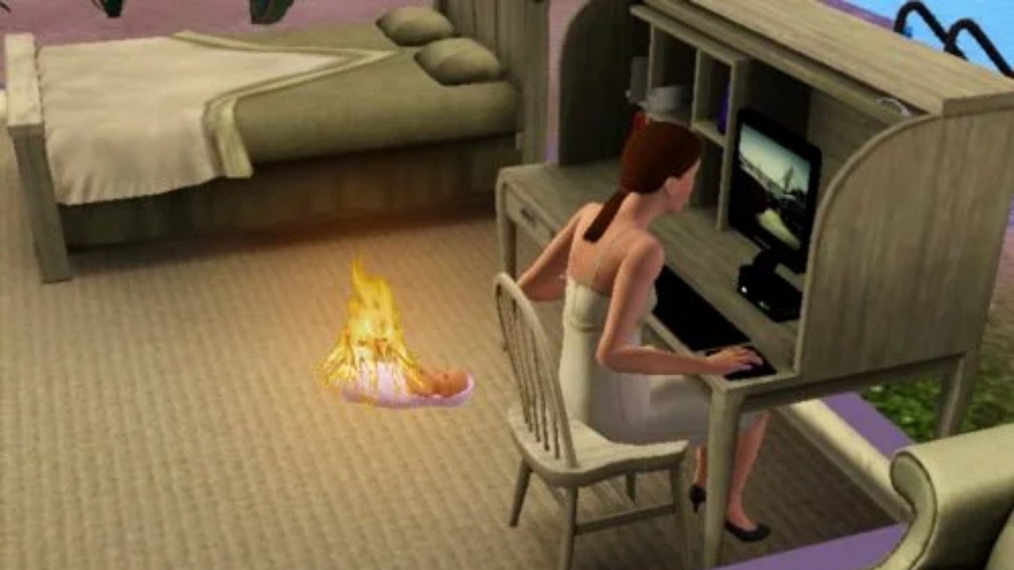 A screenshot from The Sims where a mother browses the internet while her baby is on fire a short distance away.