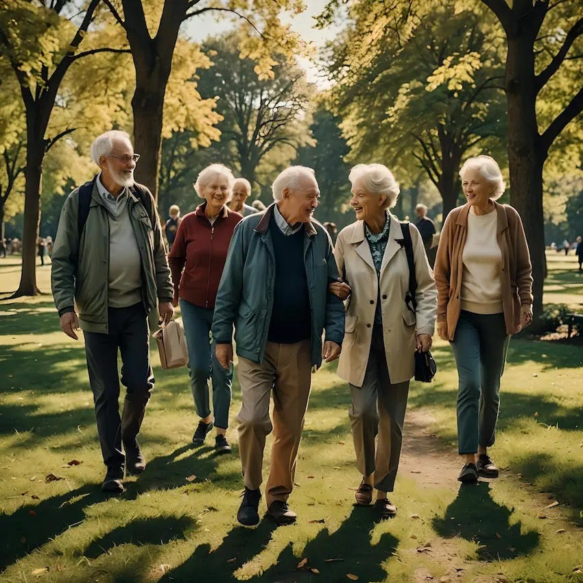 Seniors enjoy the park, laughing, chatting, and appreciating nature. The sun adds to the cheerful ambiance. Each person's energy makes the gathering lively. They bond over stories, fostering camaraderie. The park becomes a joyful community, where age is irrelevant.