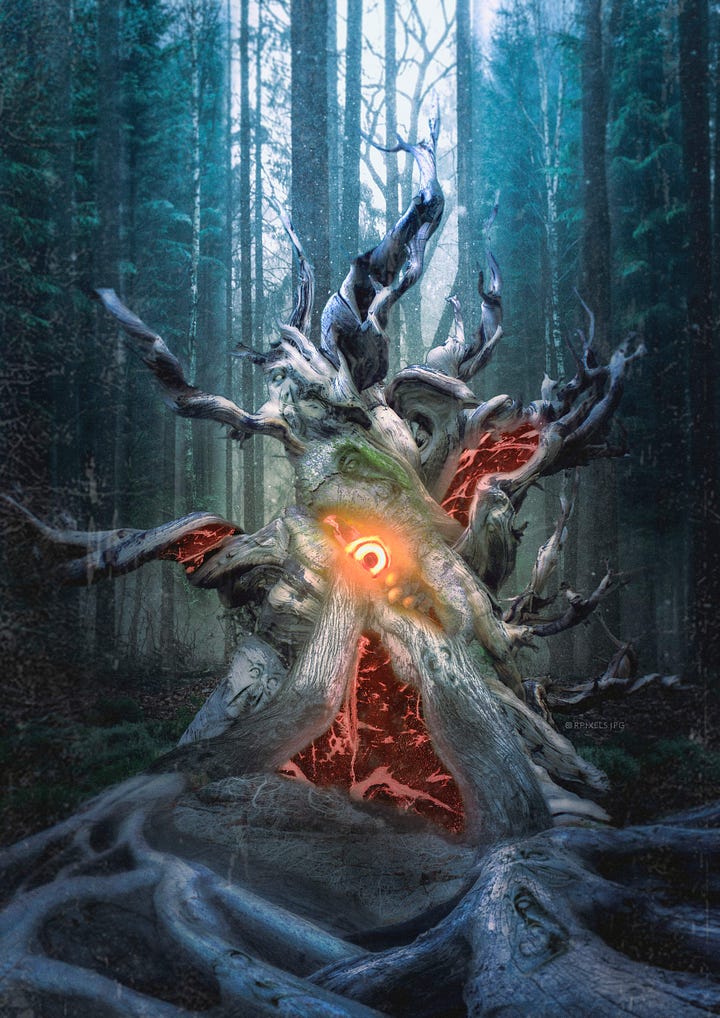 A tree with a fleshy creature inside.