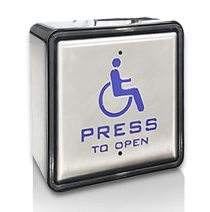 Clockwise from top left: A set of automatic, sliding doors; a set of heavy glass doors with a vertical handle the height of the door; an image of a square button with a wheelchair symbol on it that says “Press to Open”; and a set of heavy glass doors and a steel frame (painted white), with small metal handles on each.