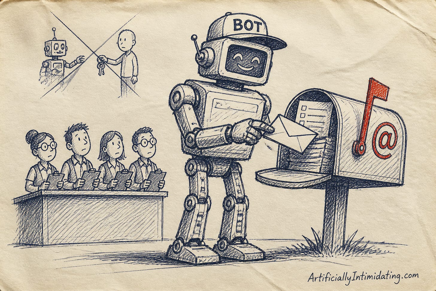 A tall friendly robot in a delivery cap at a curbside mailbox with an @ sign on the flag, a row of small human clerks with clipboards watching from a counter, and a small crossed-out sketch of a robot borrowing a human's keys.