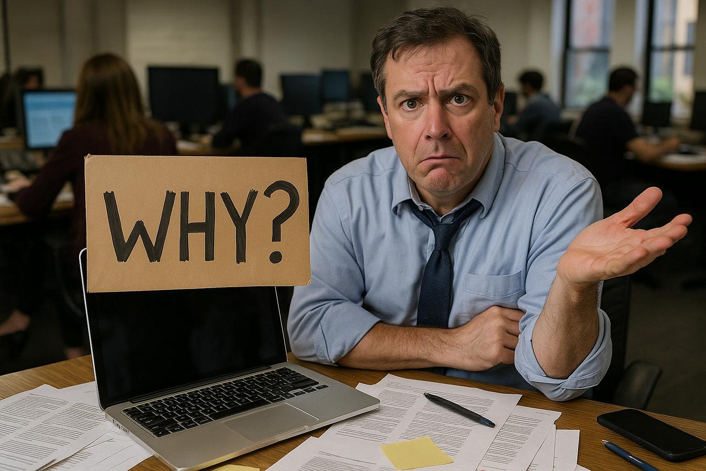 Frustrated Office Worker Holding WHY? Sign Frustrated Office Worker Holding WHY? Sign